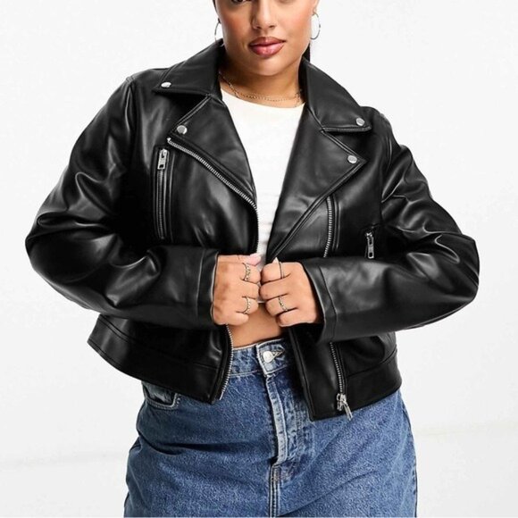 New ASOS Curve Faux Leather Biker Jacket Moto Chic Black Versatile - Picture 8 of 9
